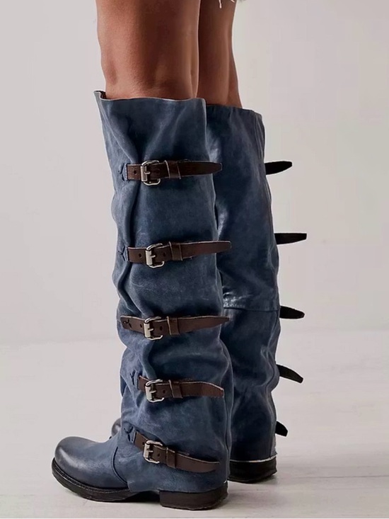 A.S.98 Shoes - A.S.98 Blue Over-the-Knee Slouch Boots with Brown Buckle Straps